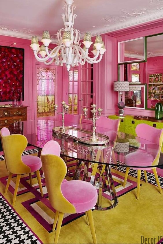 maximalist pink dining room decoration idea 2023